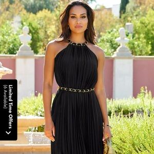 Chic Black Halter Dress with Gold Chain Detail
